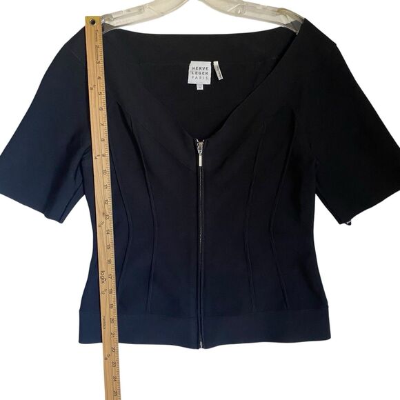 Harve Leger Cropped Fitted Jacket L Black V-neck Short Sleeve Zipper Y2K Party - Picture 3 of 8